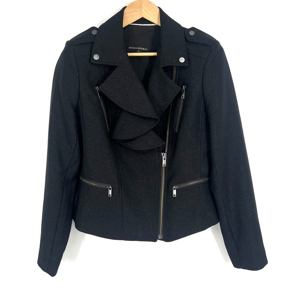 Banana Republic Women Black Shimmer Ruffle Moto Jacket 482415-00‎ Size 12
